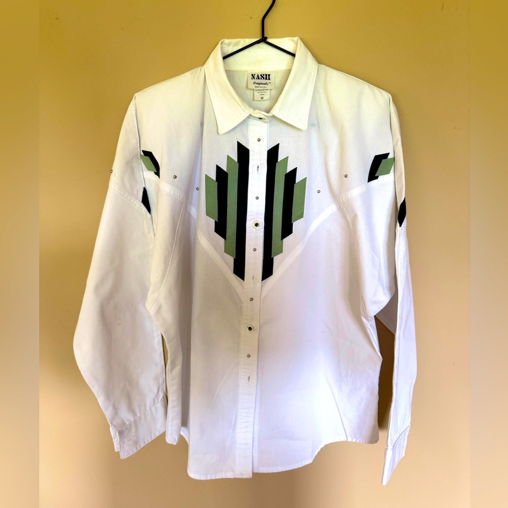 Men's White and Green Western Shirt- Nash Collection